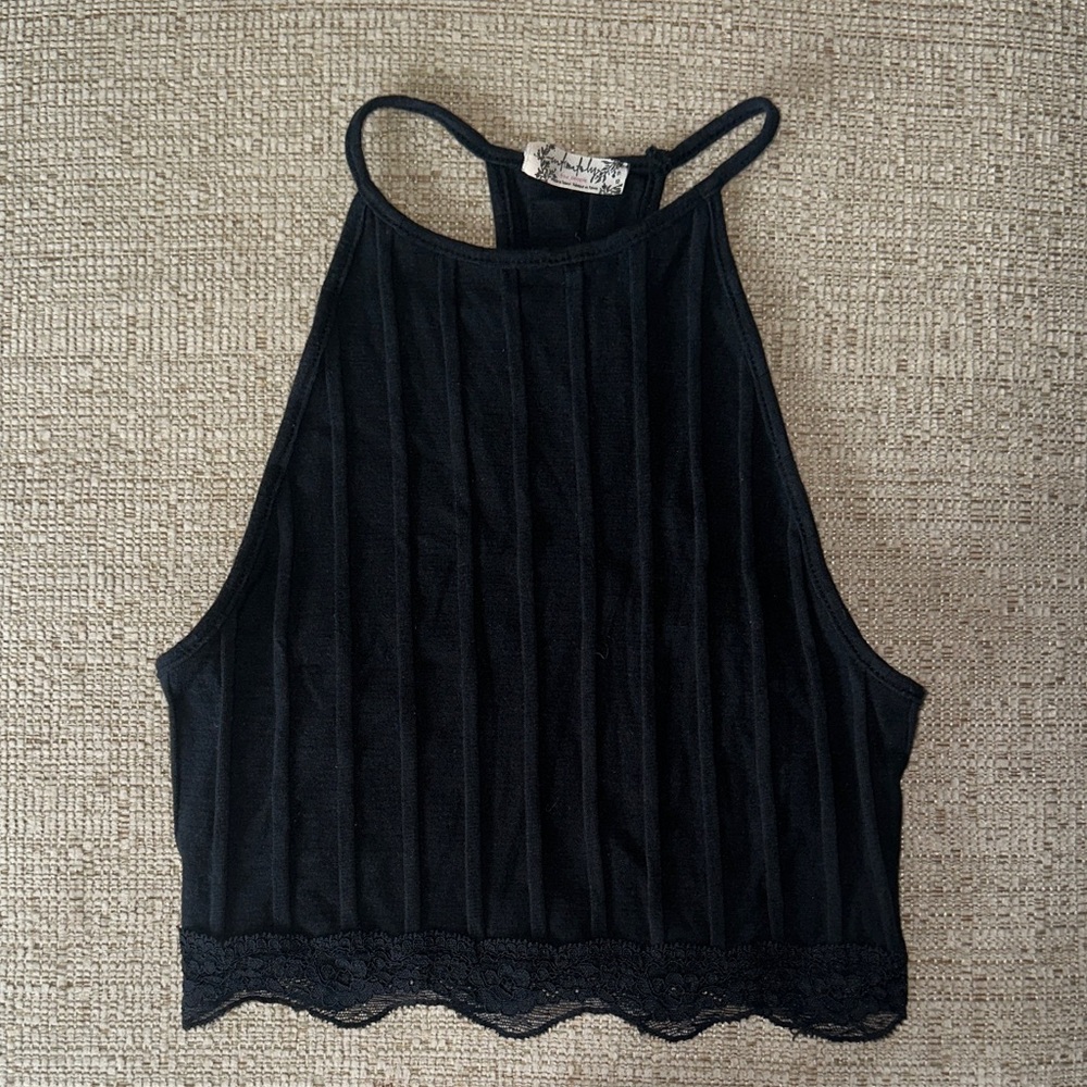 Free People Black Ribbed Camisole with Lace Hem